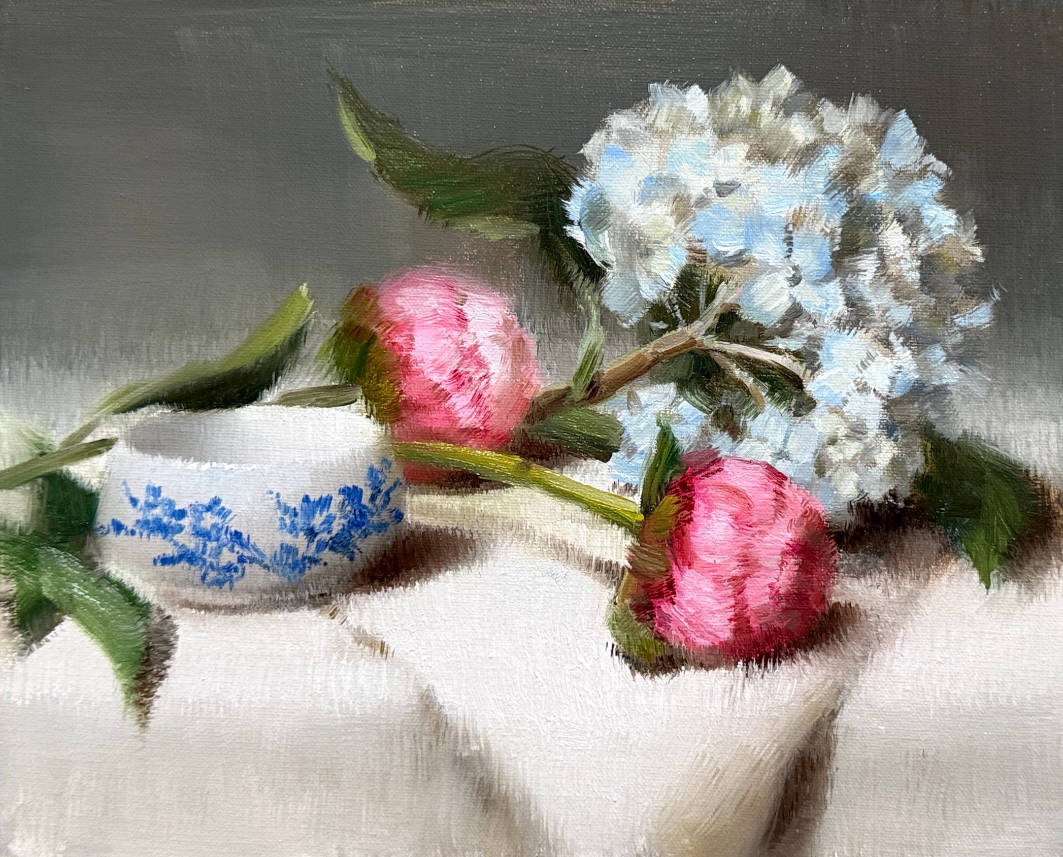 Peonies with Blue Tipped Hydrangea and Dipping Bowl