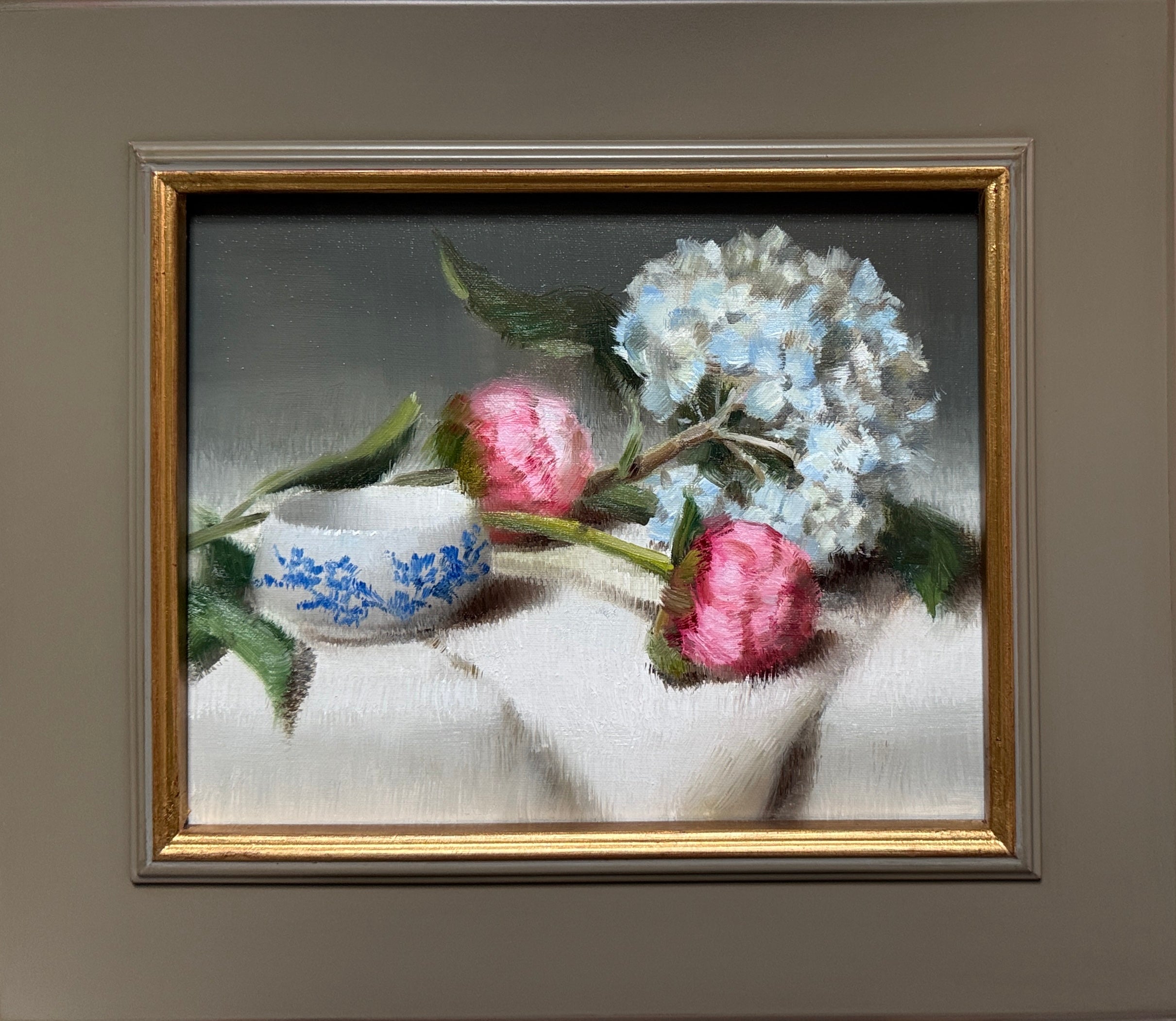Peonies with Blue Tipped Hydrangea and Dipping Bowl