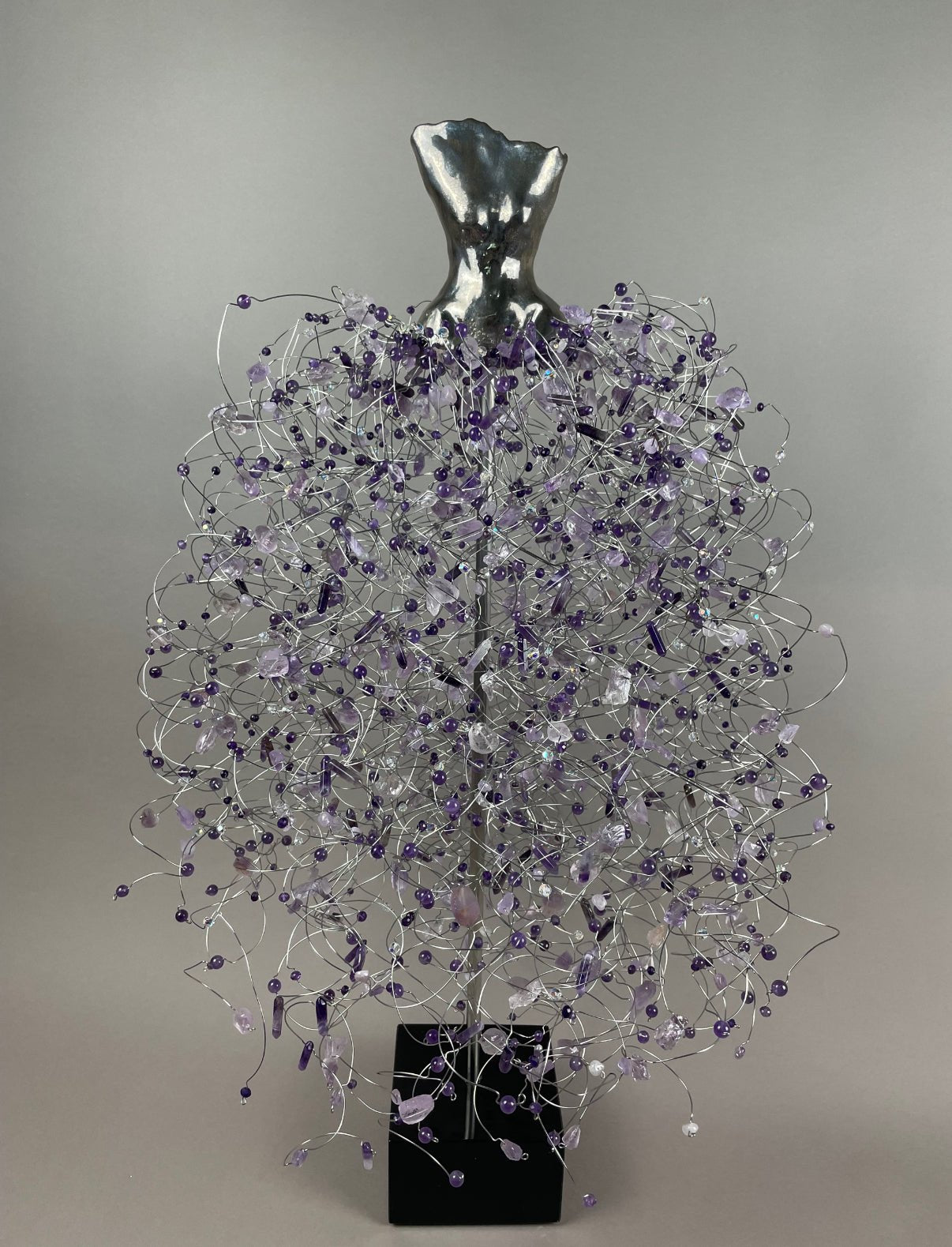 White Gold Overglaze Clay Torso with Amethyst and Crystals on Black Marble Base by Estella Fransbergen at LePrince Galleries