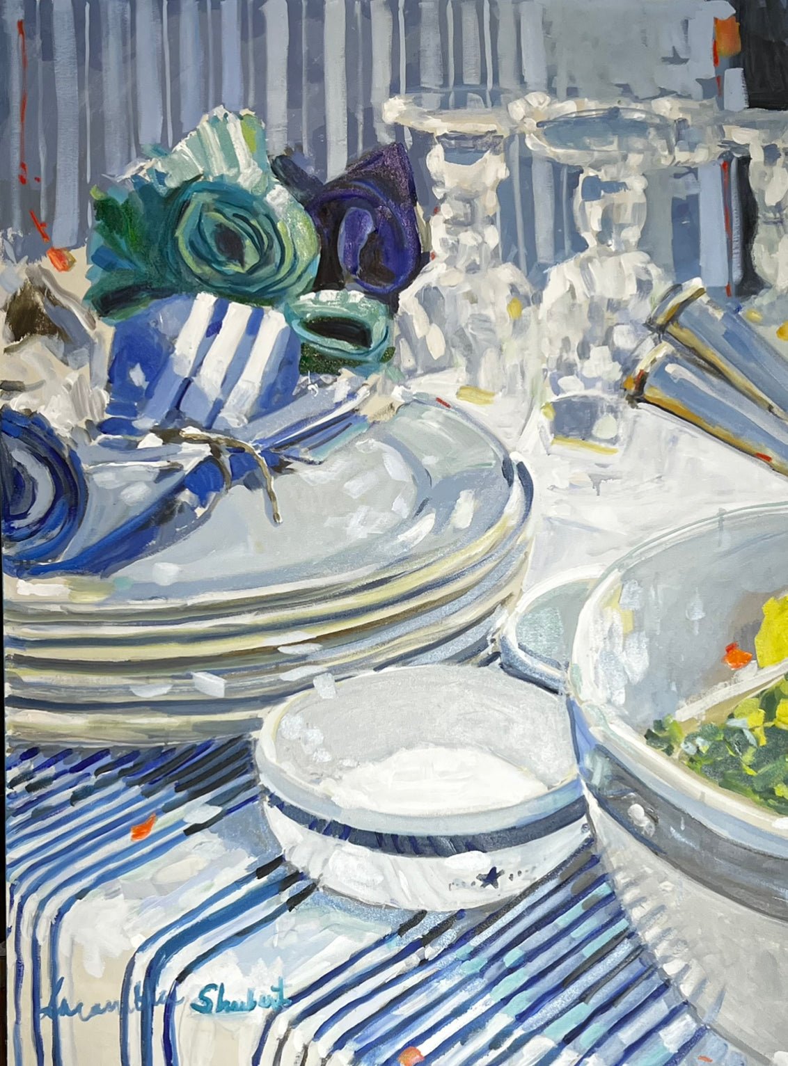 Blue and White Striped Napkins by Laura Lacambra Shubert at LePrince Galleries