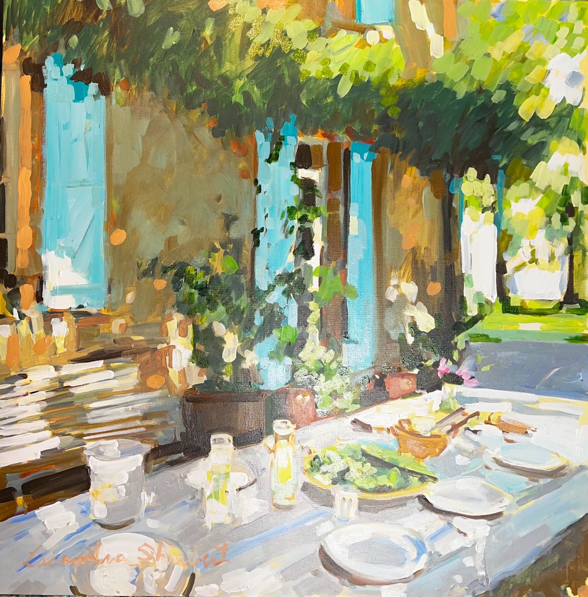 Blue Shutters at Lunchtime by Laura Lacambra Shubert at LePrince Galleries