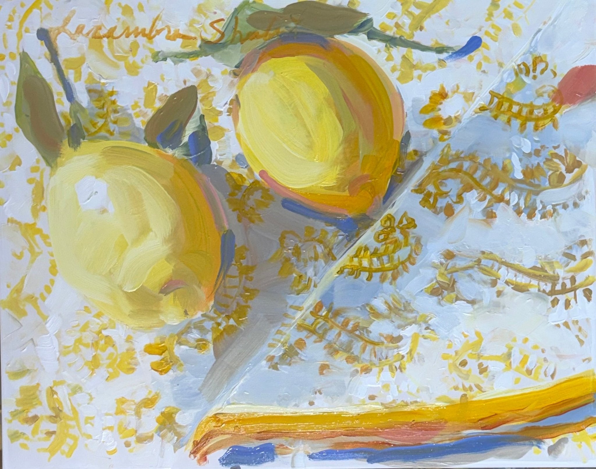 Lemons and Blockprint by Laura Lacambra Shubert at LePrince Galleries