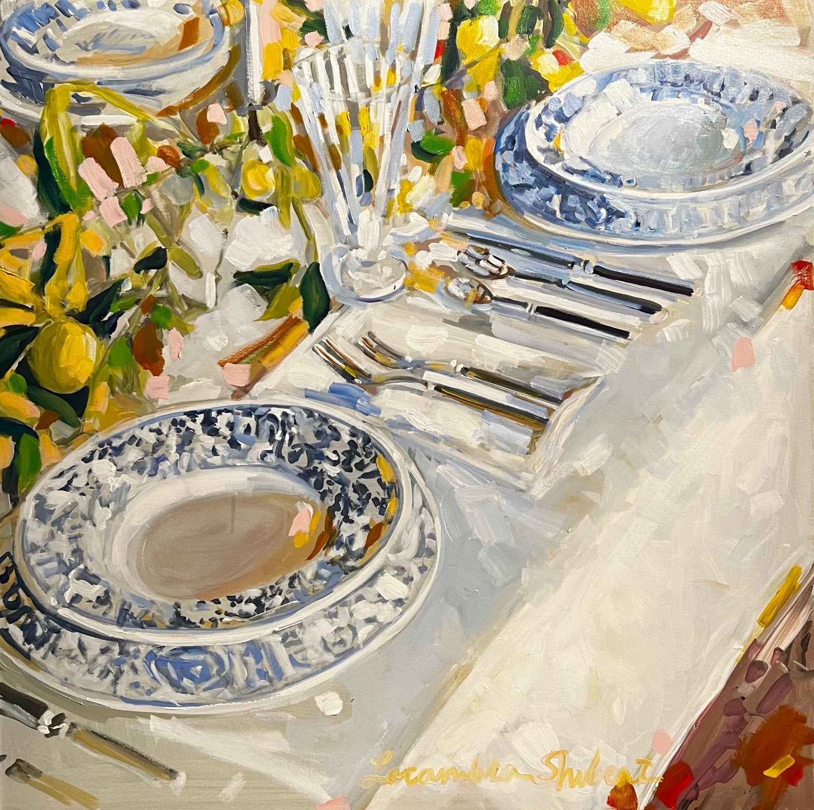 Lemons and Blue on White China by Laura Lacambra Shubert at LePrince Galleries