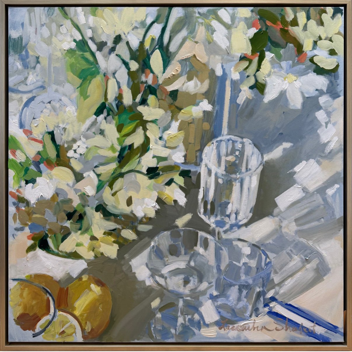 Lemons and Glasses on Table by Laura Lacambra Shubert at LePrince Galleries