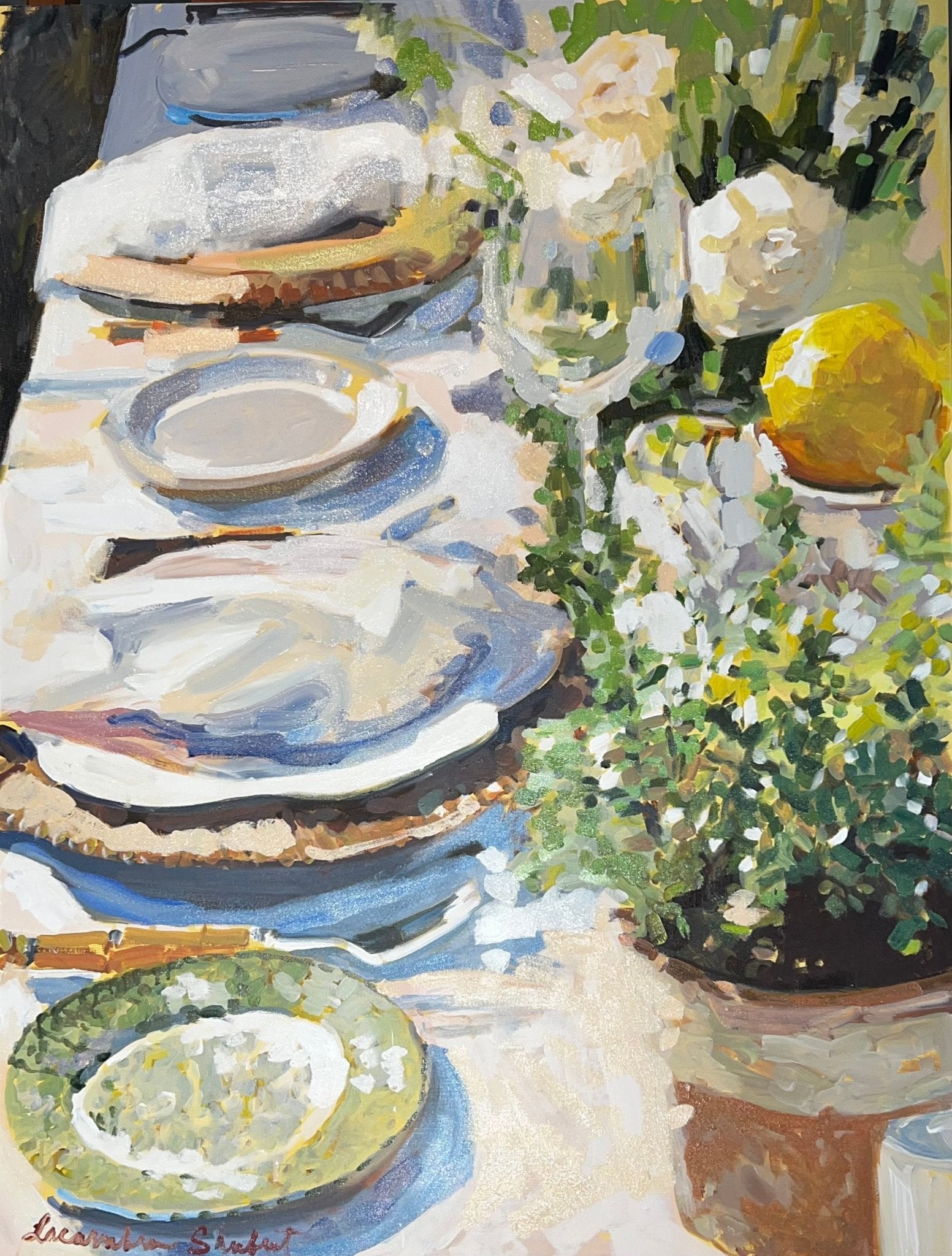 Lemons and Green Plates by Laura Lacambra Shubert at LePrince Galleries