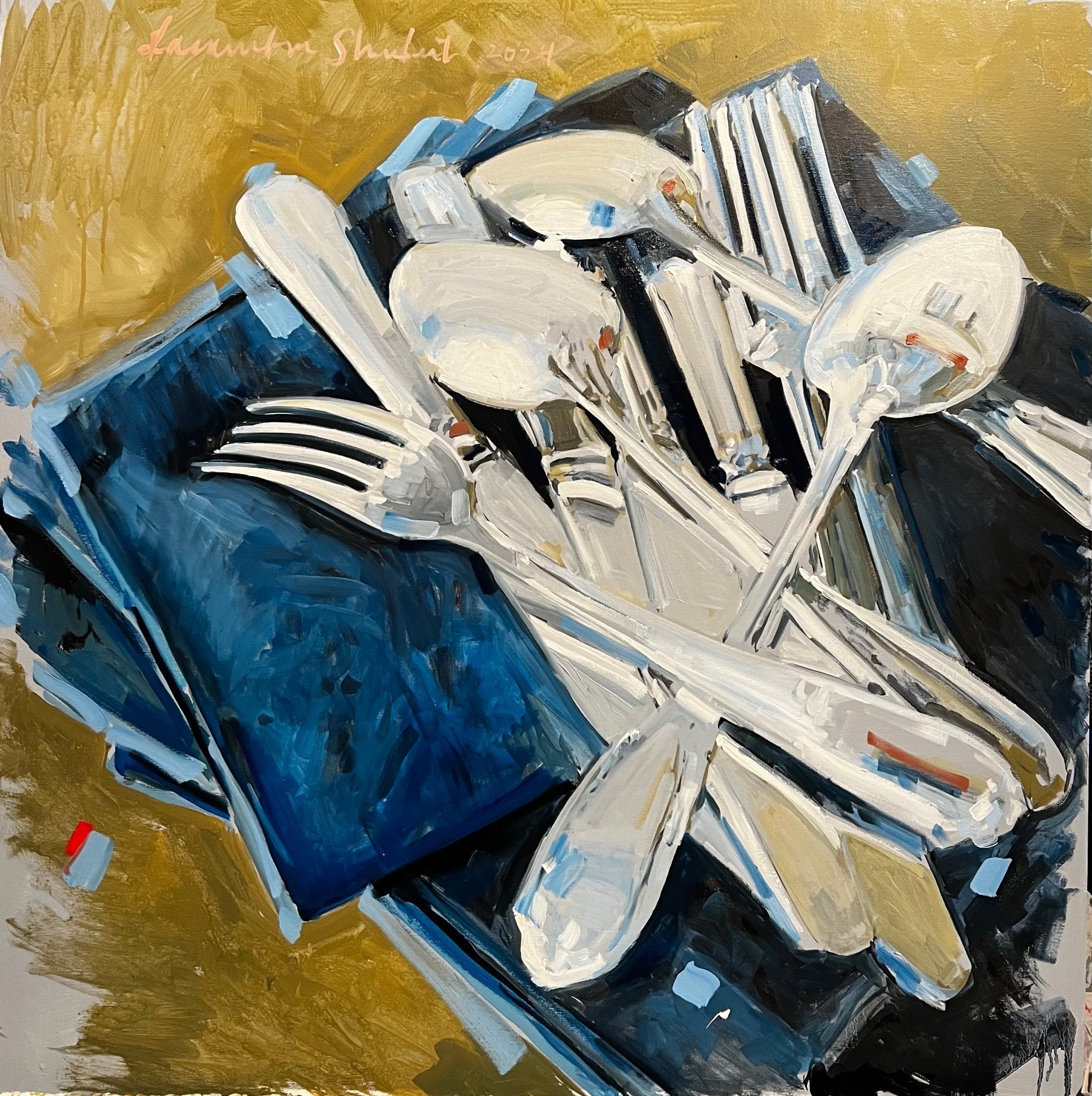 Silver Cutlery on Blue Napkin by Laura Lacambra Shubert at LePrince Galleries