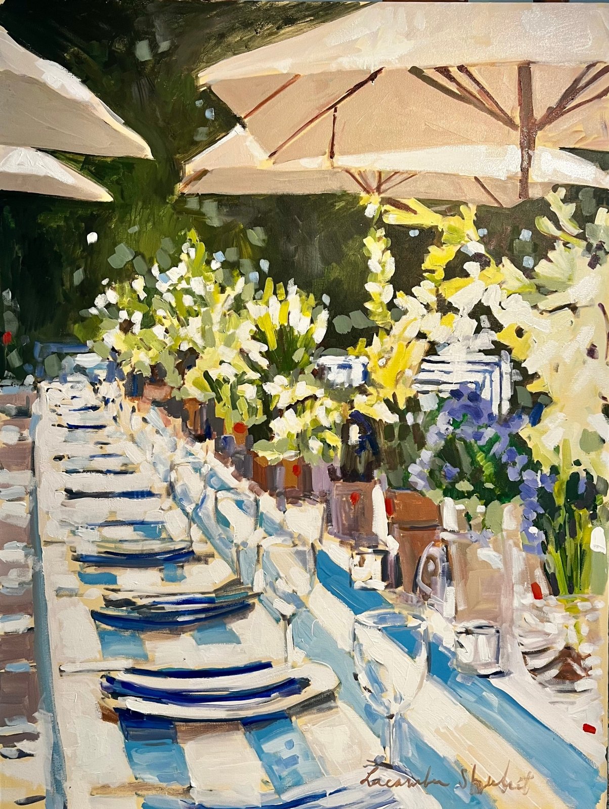 Striped Blue and White Tablecloth Outdoors by Laura Lacambra Shubert at LePrince Galleries