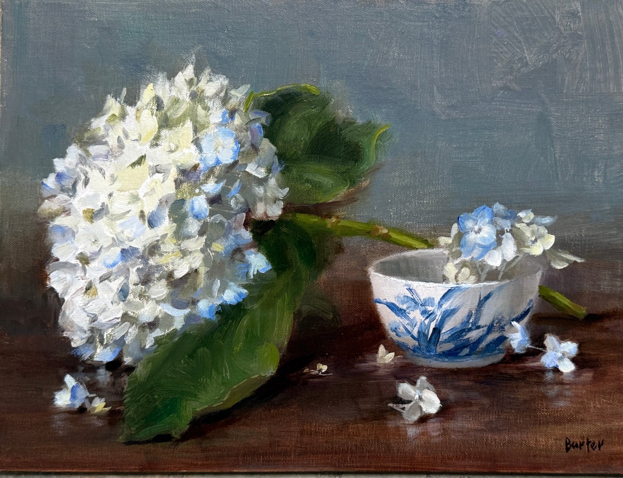 Blue Tipped Hydrangea with Porcelain by Stacy Barter at LePrince Galleries