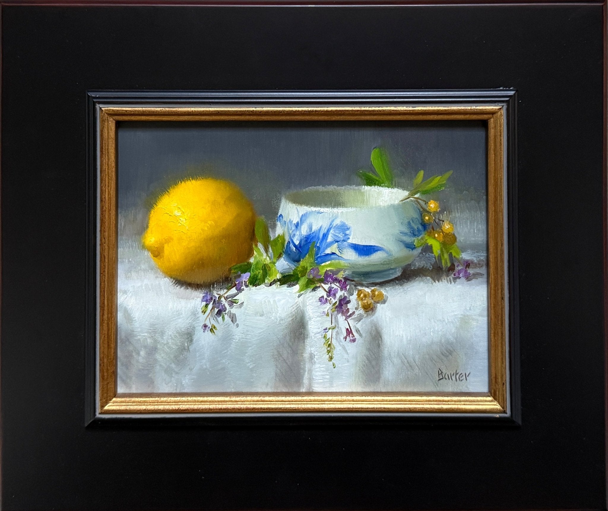 Dipping Bowl and Lemon on Linen by Stacy Barter at LePrince Galleries