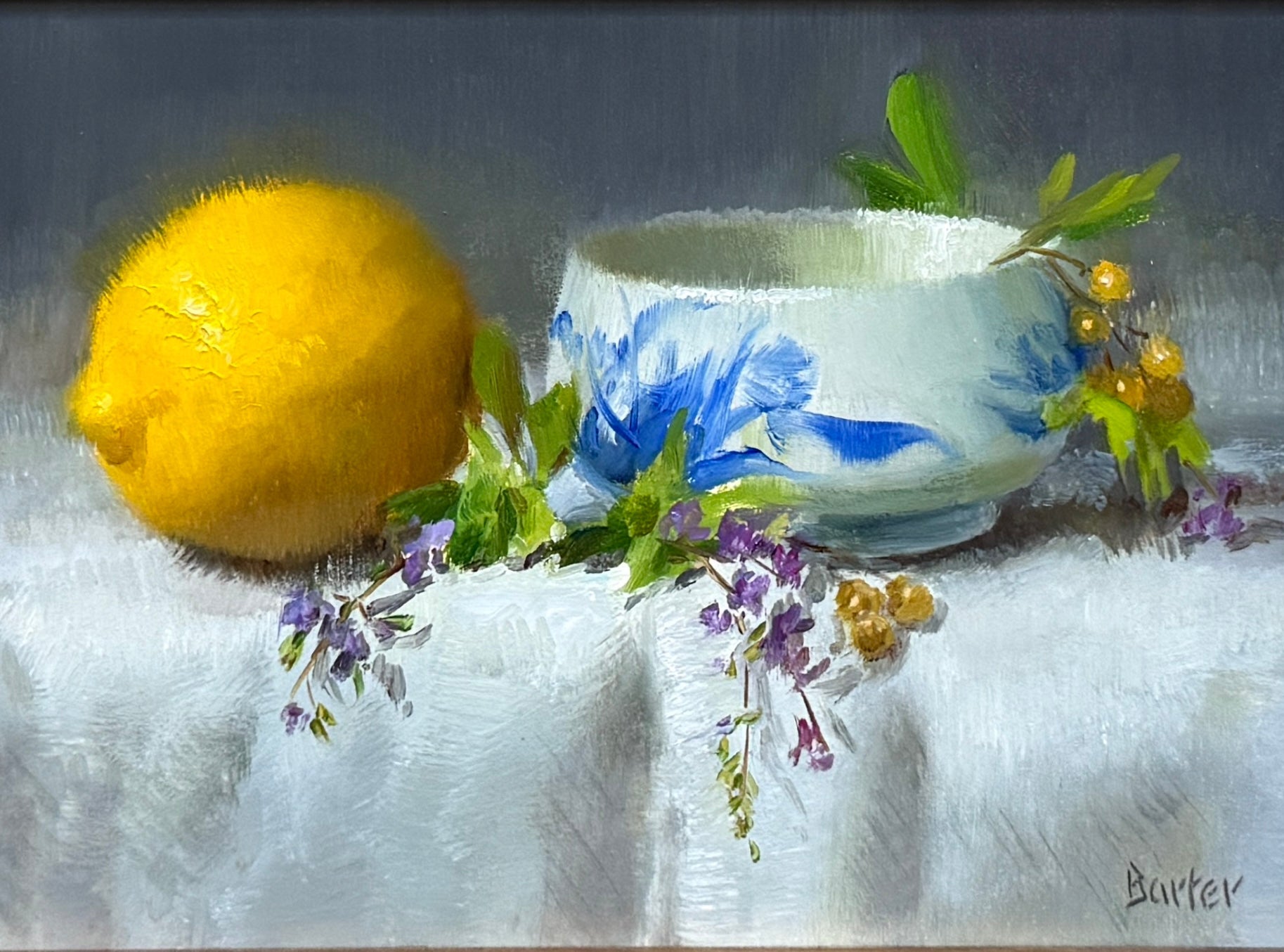 Dipping Bowl and Lemon on Linen by Stacy Barter at LePrince Galleries