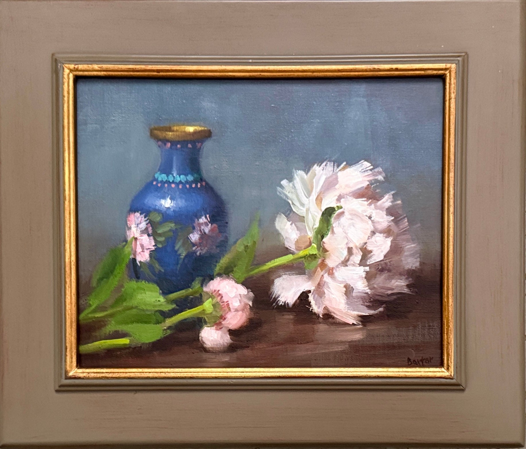 Enamel Vase with Pale Pink Peonies by Stacy Barter at LePrince Galleries