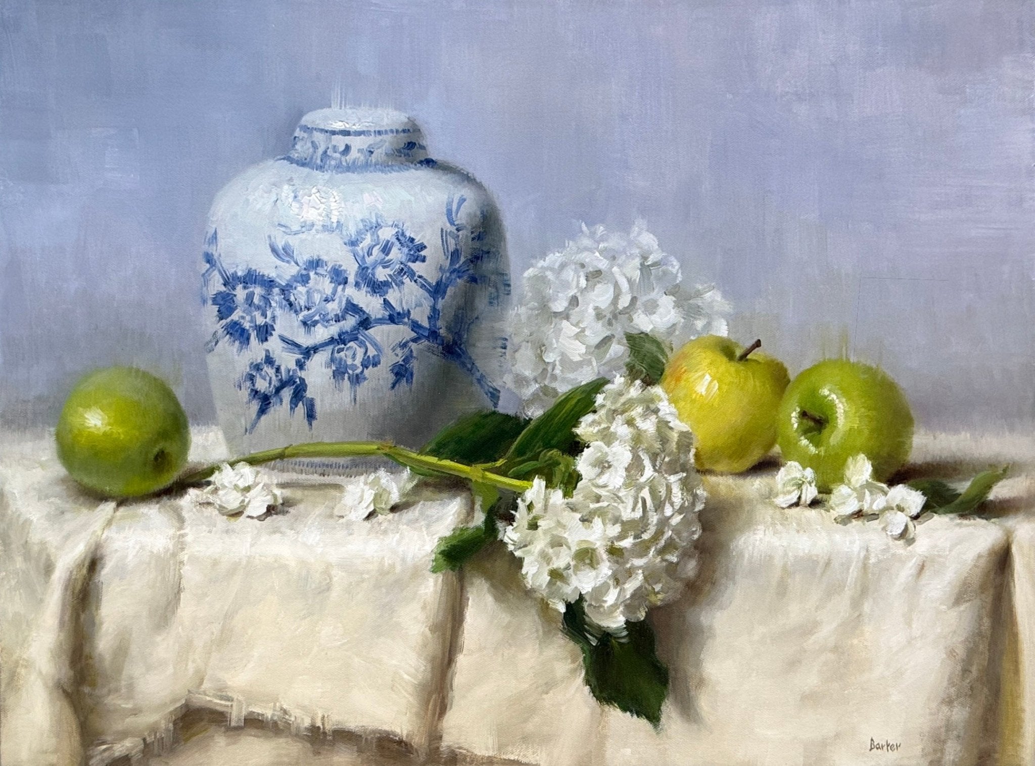 Ginger Jar with Green Apples and Hydrangeas by Stacy Barter at LePrince Galleries