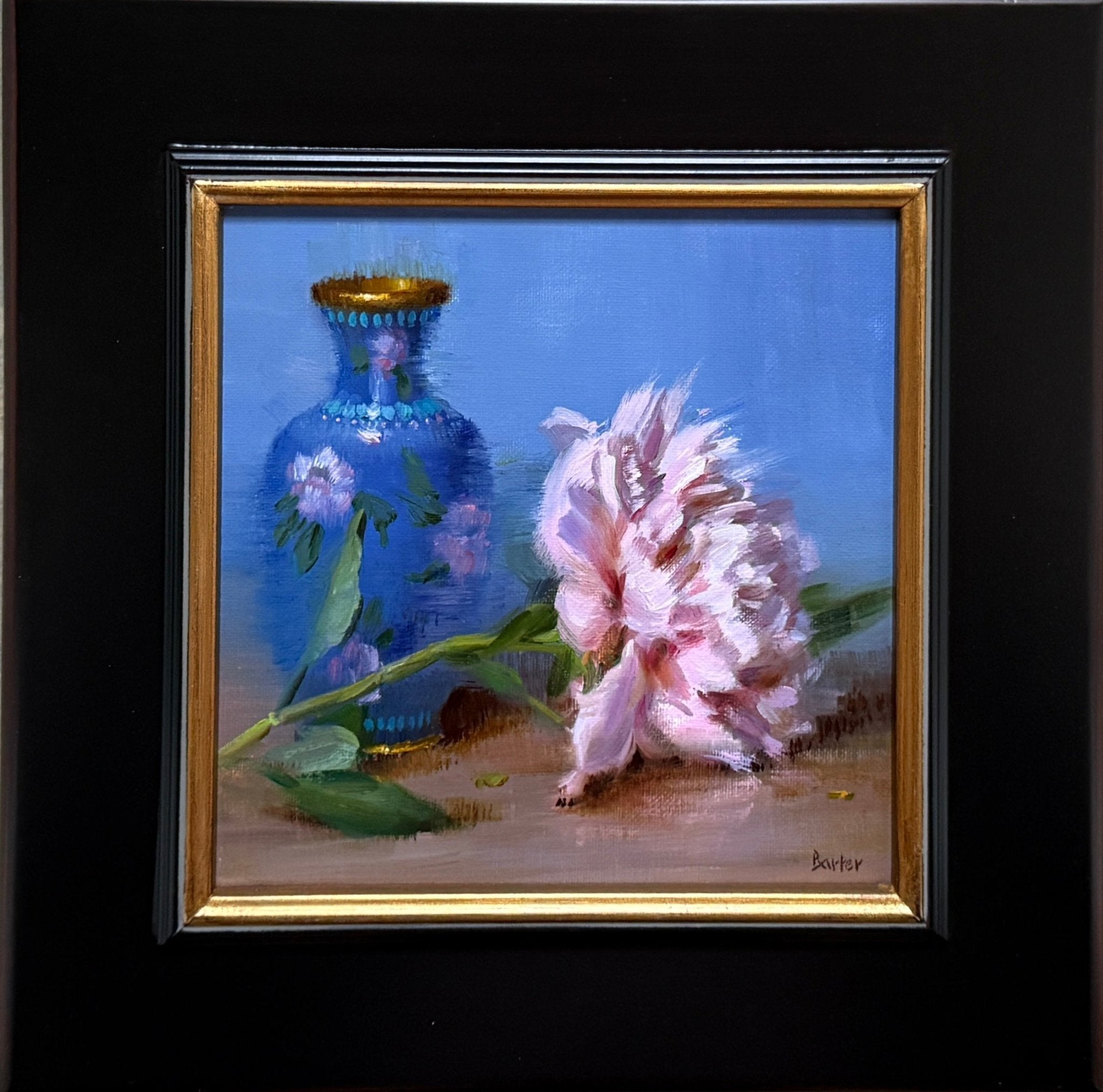 Gold Rimmed Vase with Pink Peony by Stacy Barter at LePrince Galleries