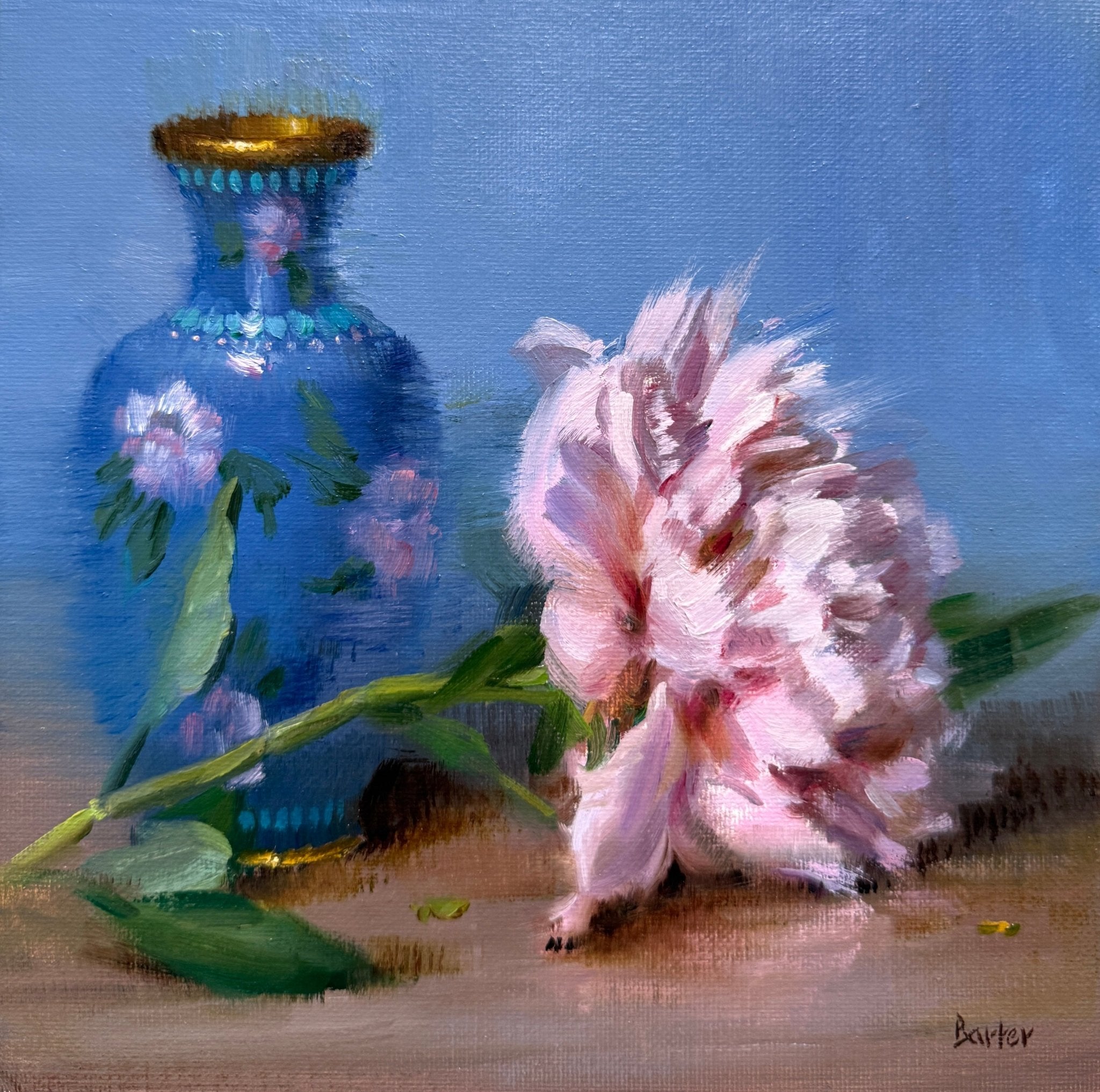 Gold Rimmed Vase with Pink Peony by Stacy Barter at LePrince Galleries