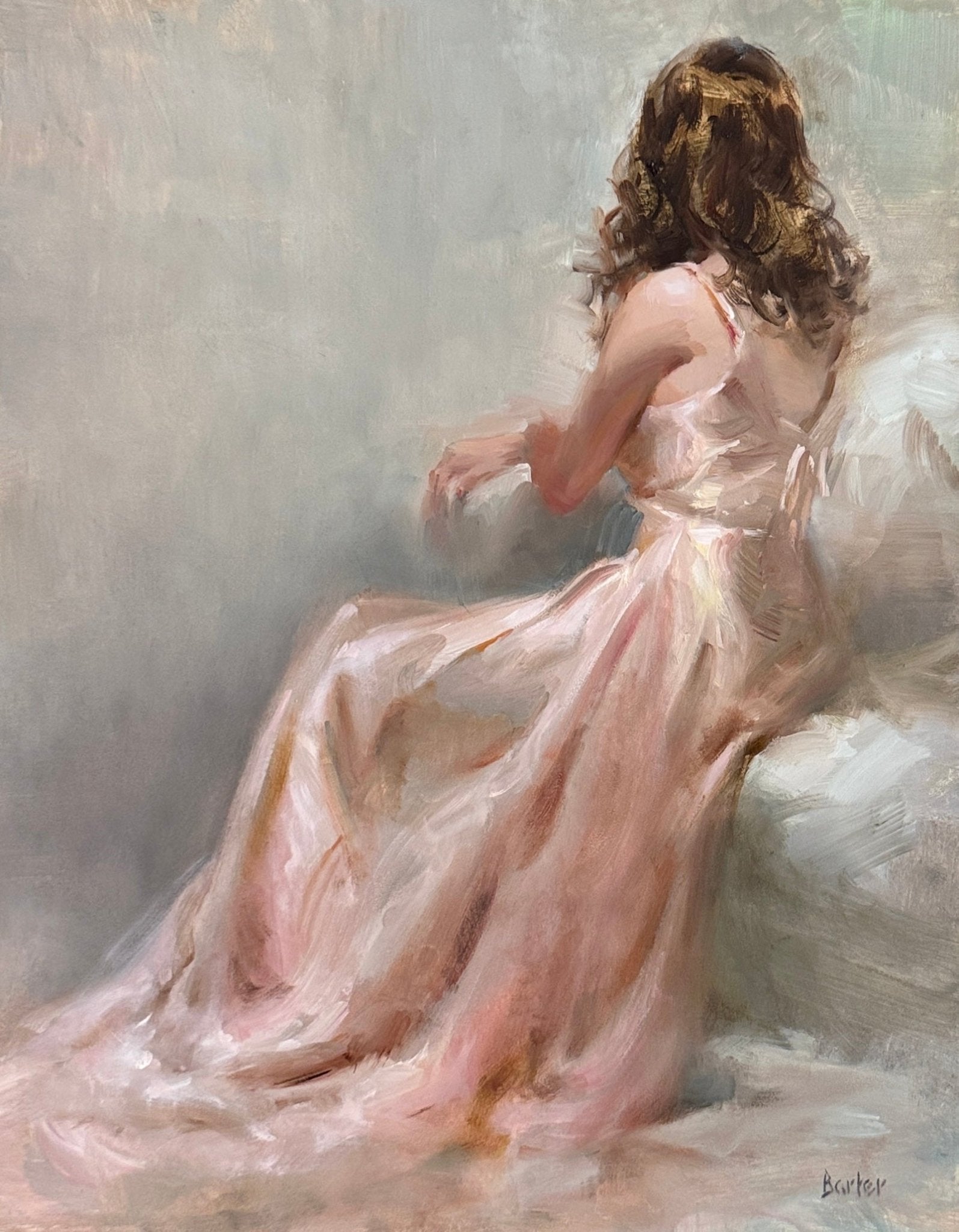 satin dress painting Portrait of a lady in pink satin dress, standing on a veranda