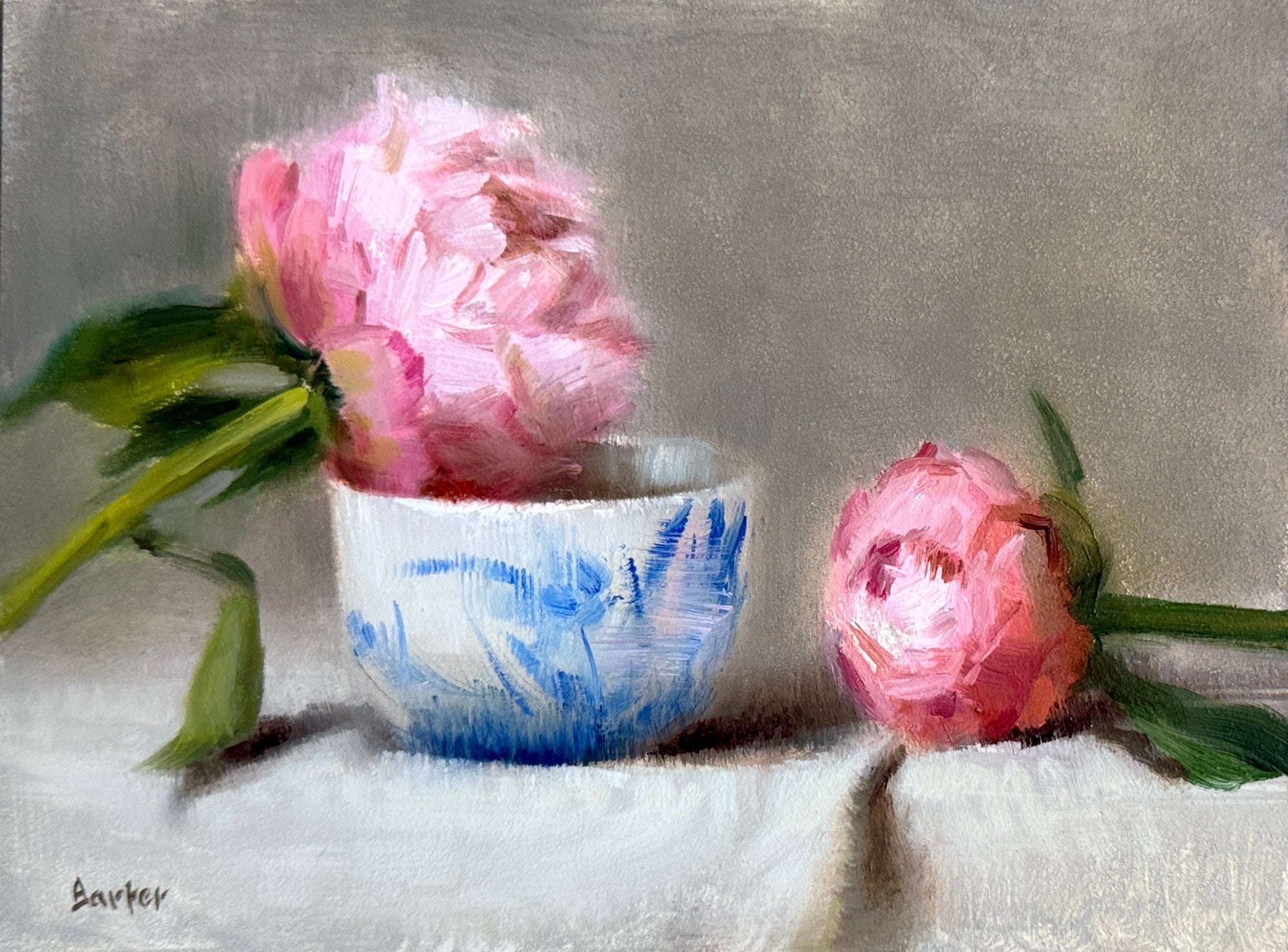 Opening Peonies on Linen by Stacy Barter at LePrince Galleries