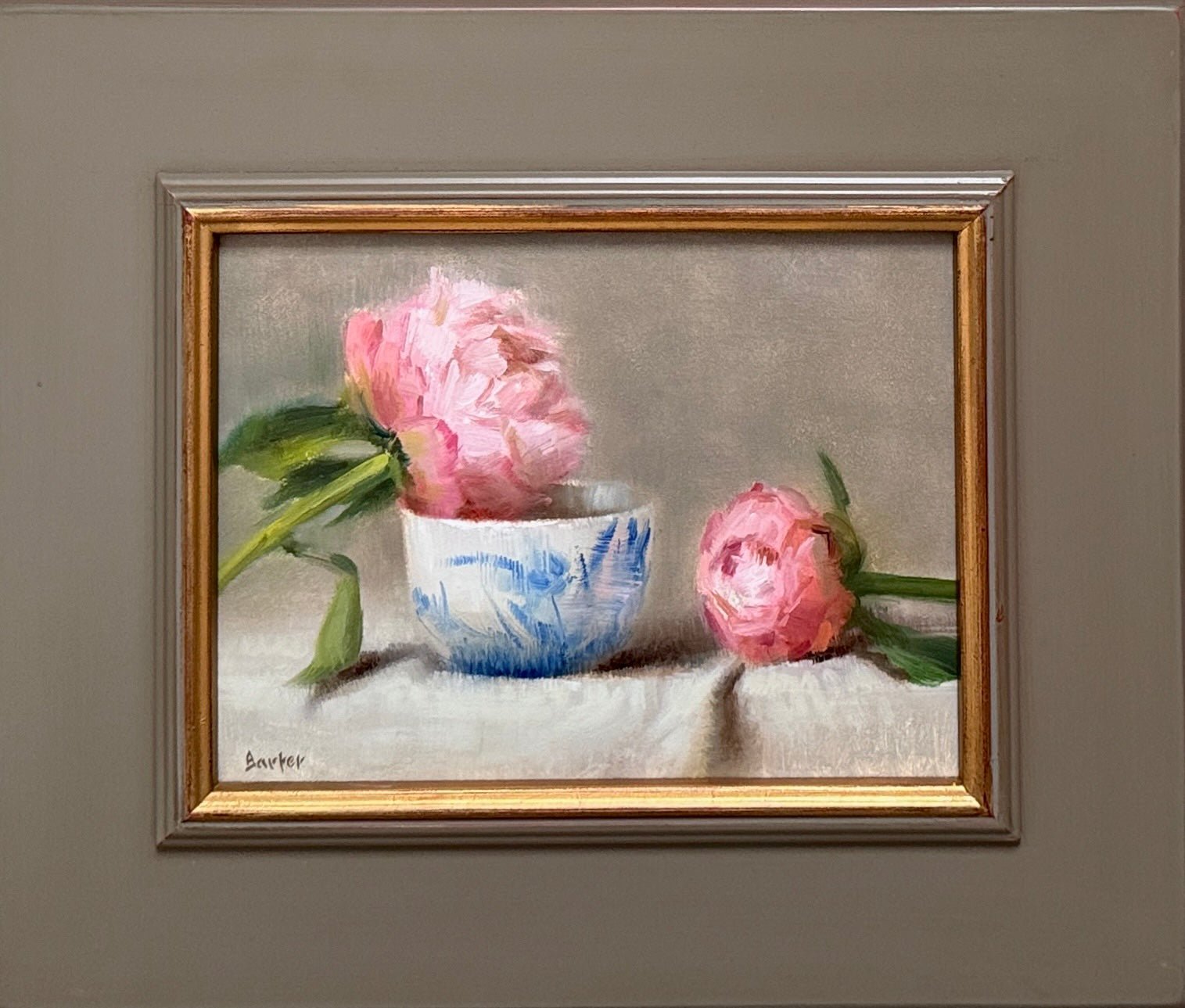 Opening Peonies on Linen by Stacy Barter at LePrince Galleries