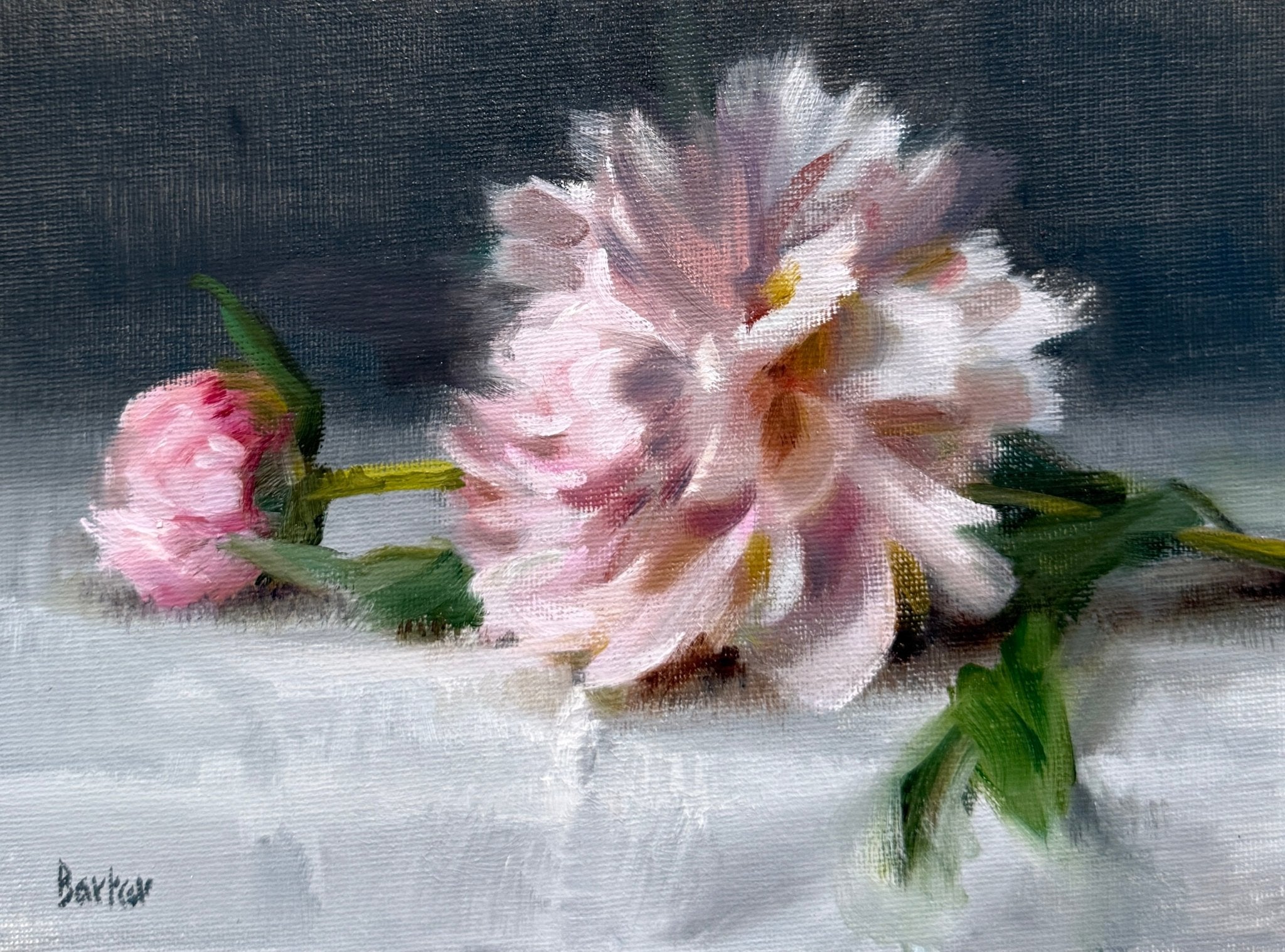 Peonies in Pink on Fine Linen by Stacy Barter at LePrince Galleries