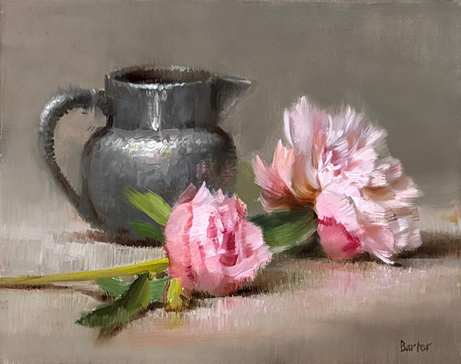 Pewter and Peonies Unfolding by Stacy Barter at LePrince Galleries