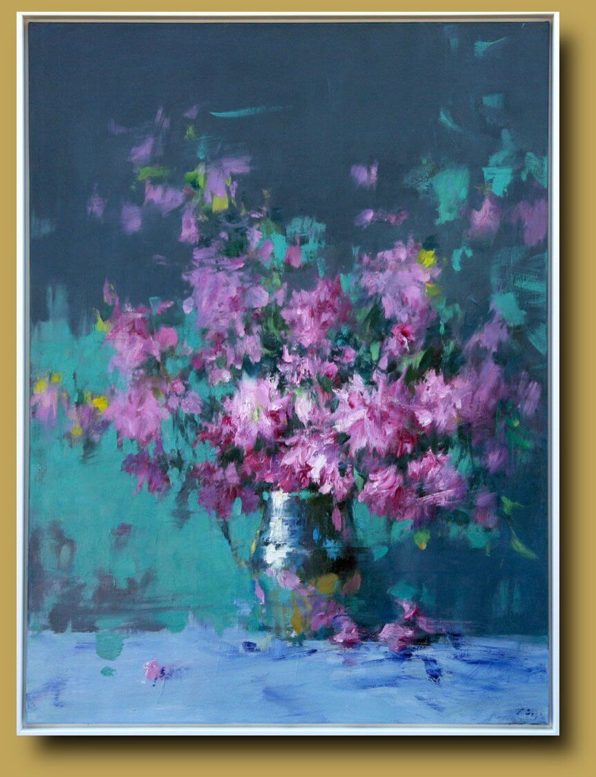 Cherry Blossoms and Silver Vase by Ning Lee at LePrince Galleries