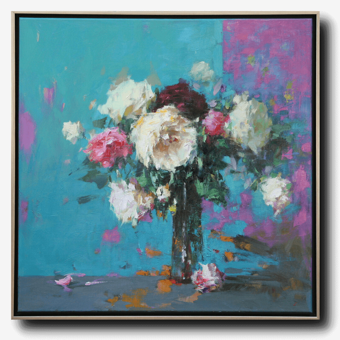Roses with Blue and Pink Wall by Ning Lee at LePrince Galleries