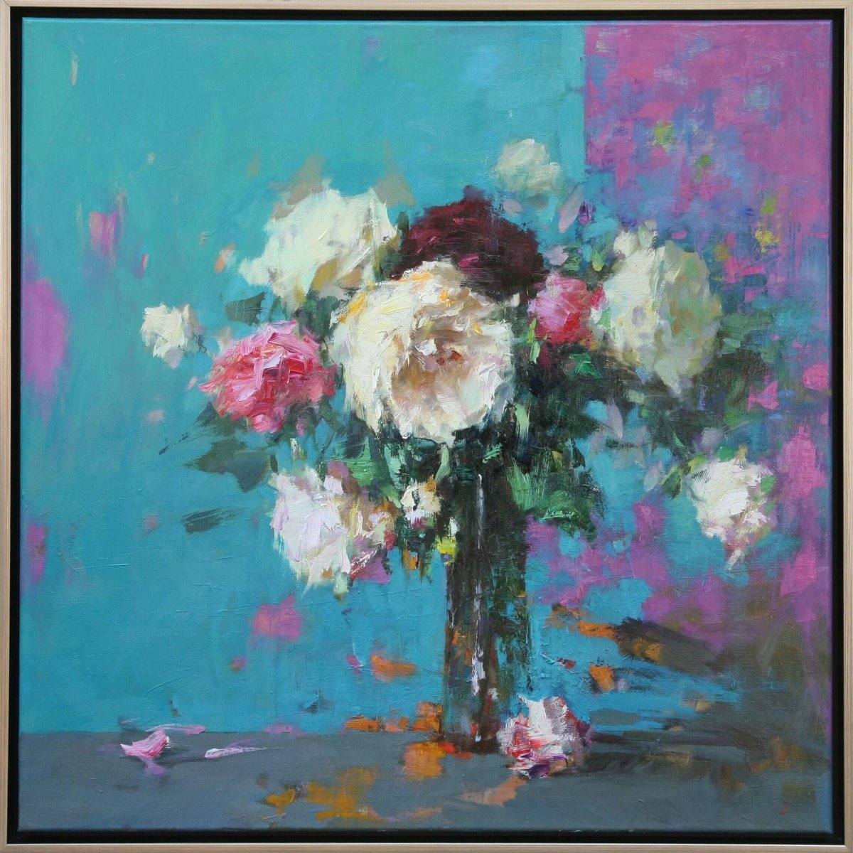 Roses with Blue and Pink Wall by Ning Lee at LePrince Galleries