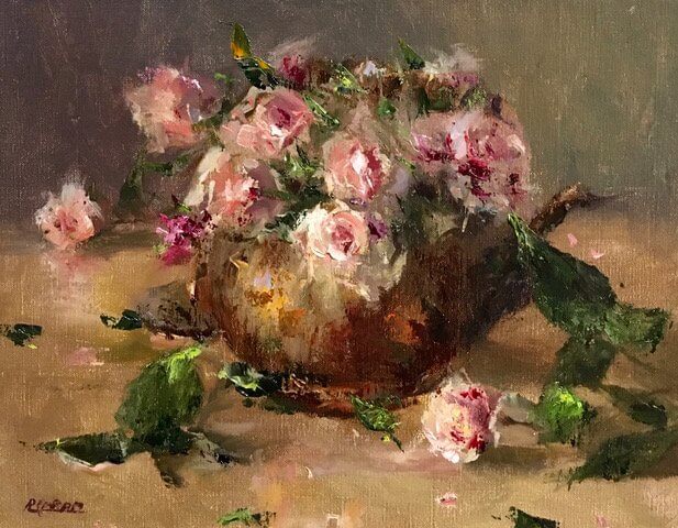 Brass Teapot with Baby Roses by Rosanne Cerbo at LePrince Galleries