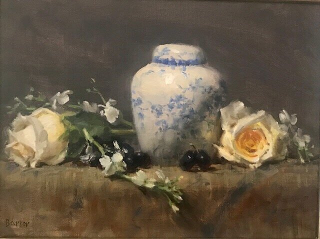 Ginger Jar and Pale Roses by Stacy Barter at LePrince Galleries